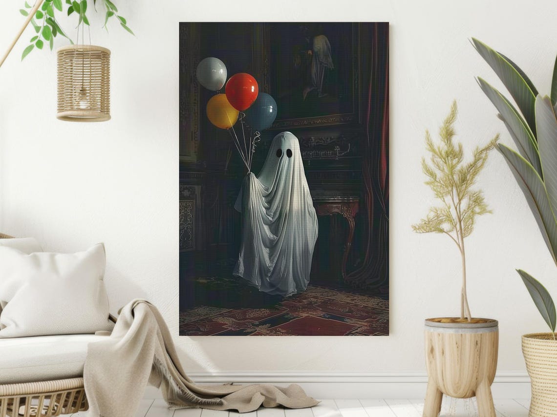 Cute Sheet Ghost Holding Colorful Balloons Dark Parlor Art Poster - Image 2