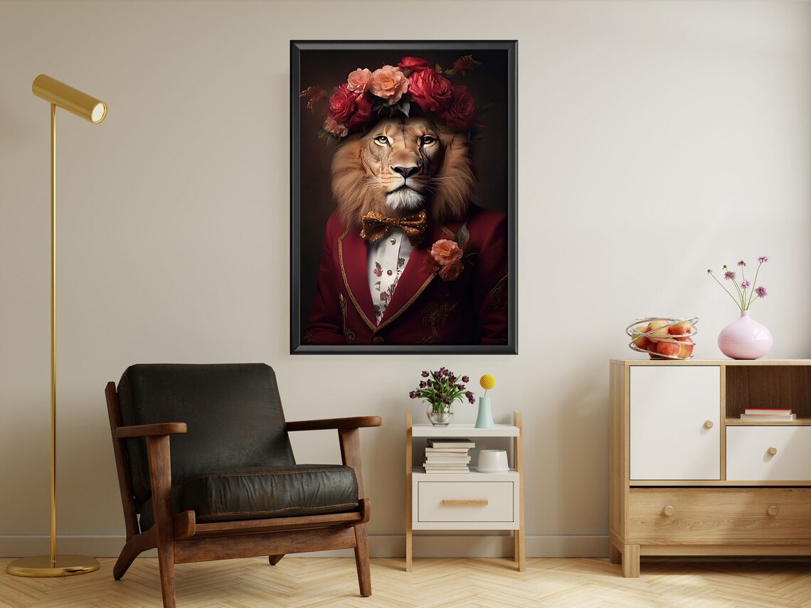 Lion Red Suit Bow Tie Rose Crown Regal Animal Portrait Funny Art Poster - Image 2