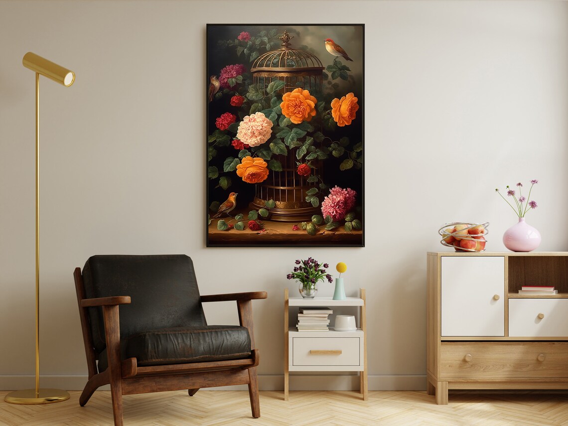 Antique Birdcage Lush Roses Small Birds Dark Romantic Floral Art Poster - Image 3