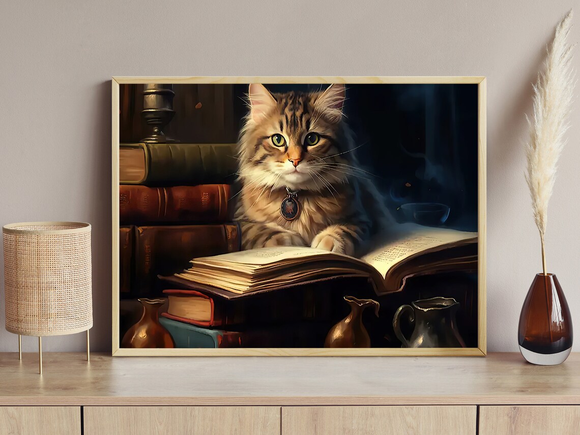 Fluffy Tabby Cat On Old Library Books Vintage Scholar Cat Dark Academia Poster