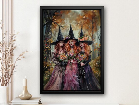 Three Beautiful Witches with Flower Crowns in Autumn Forest Art Poster