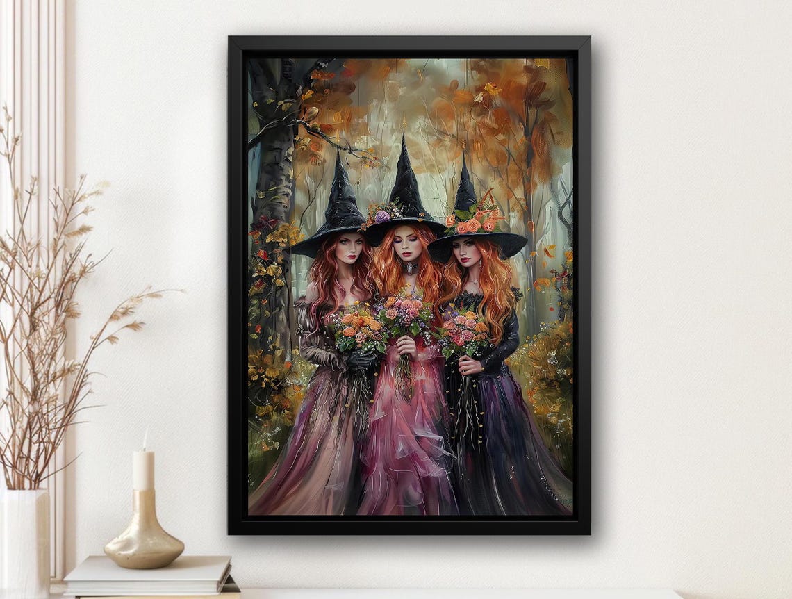 Three Beautiful Witches with Flower Crowns in Autumn Forest Art Poster