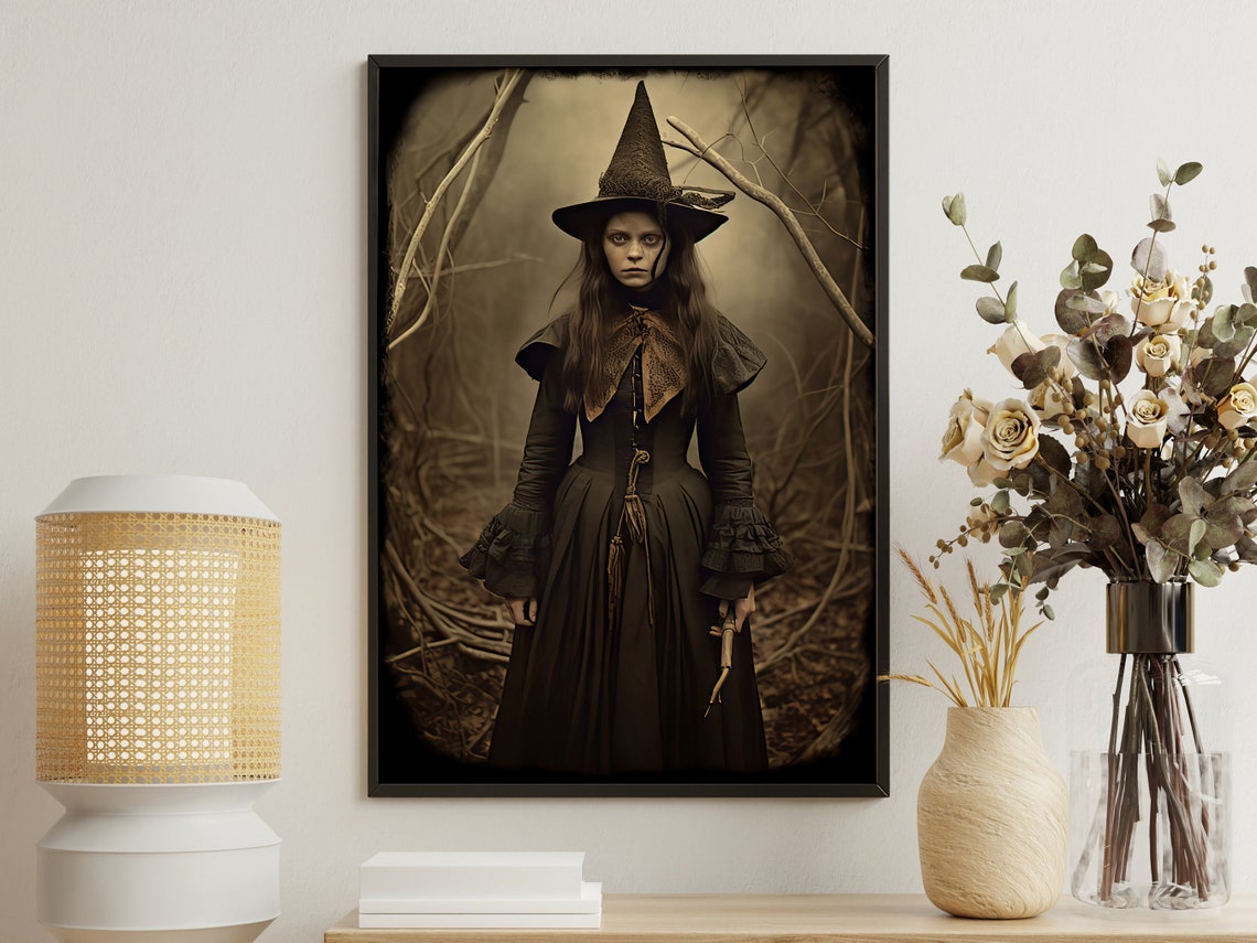 Young Witch Portrait In Dark Forest Vintage Style Spooky Art Print