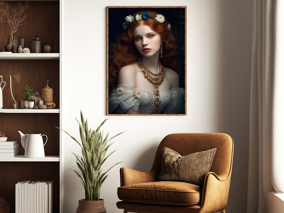 Red Haired Victorian Beauty Floral Crown Jewelry Portrait Poster - Image 3
