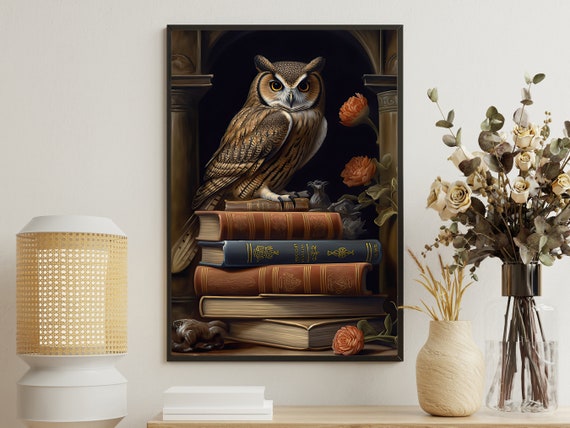 Vintage Owl Painting Retro Owl Art Print Owl Print Gothic Art Print Dark Academia Art Floral Owl Poster Owl Library Wall Decor