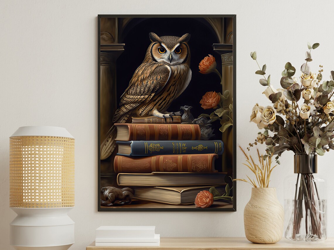 Owl Perched Antique Books Arched Alcove Orange Roses Vintage Art Poster