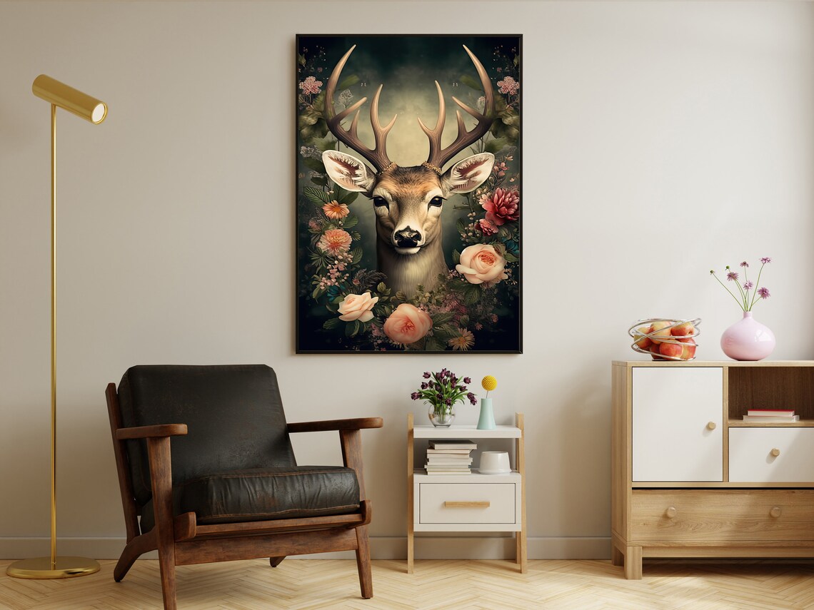 Floral Stag Portrait With Grand Antlers Among Roses Dark Botanical Poster - Image 4