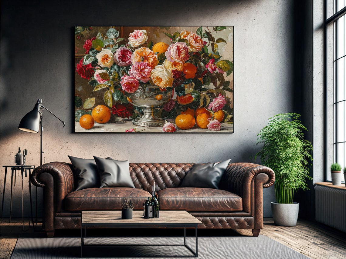 Roses And Oranges Still Life Silver Urn Classic Floral Art Poster - Image 3
