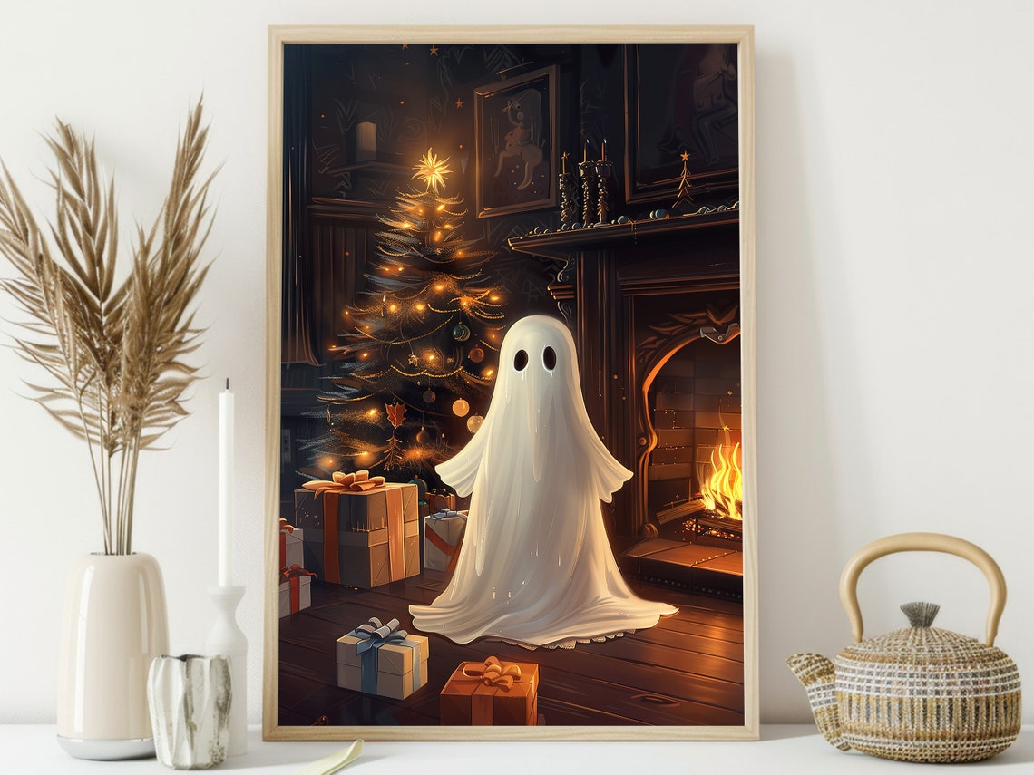 Cute Ghost by Christmas Tree Fireplace Cozy Holiday Halloween Poster - Image 3