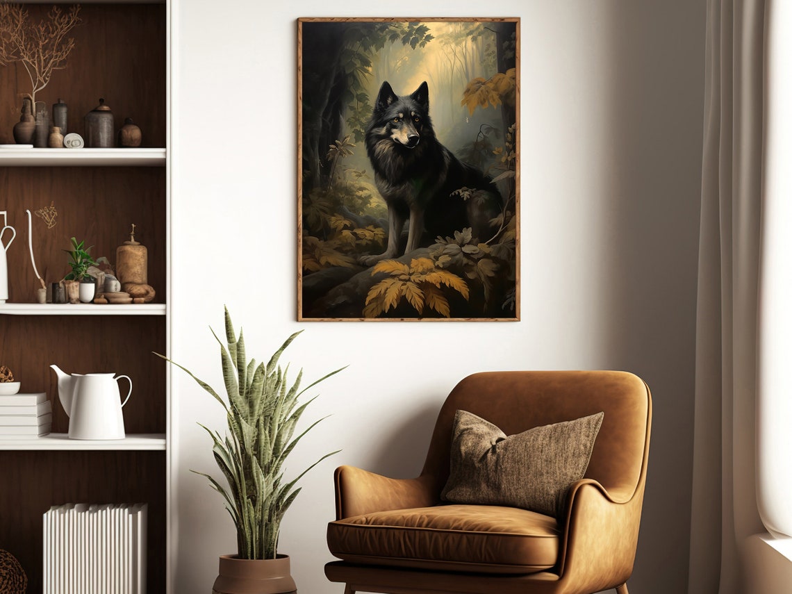 Black Wolf Standing In A Misty Golden Autumn Forest Wildlife Poster - Image 3