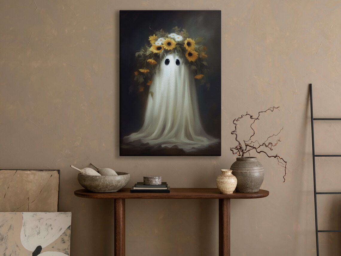 Cute Ghost Wearing Sunflower Crown Vintage Spooky Halloween Floral Poster - Image 4