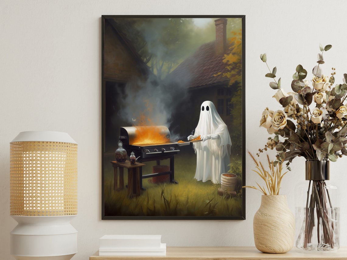 Funny Ghost Grilling Barbecue Cottage Backyard Vintage Art Poster