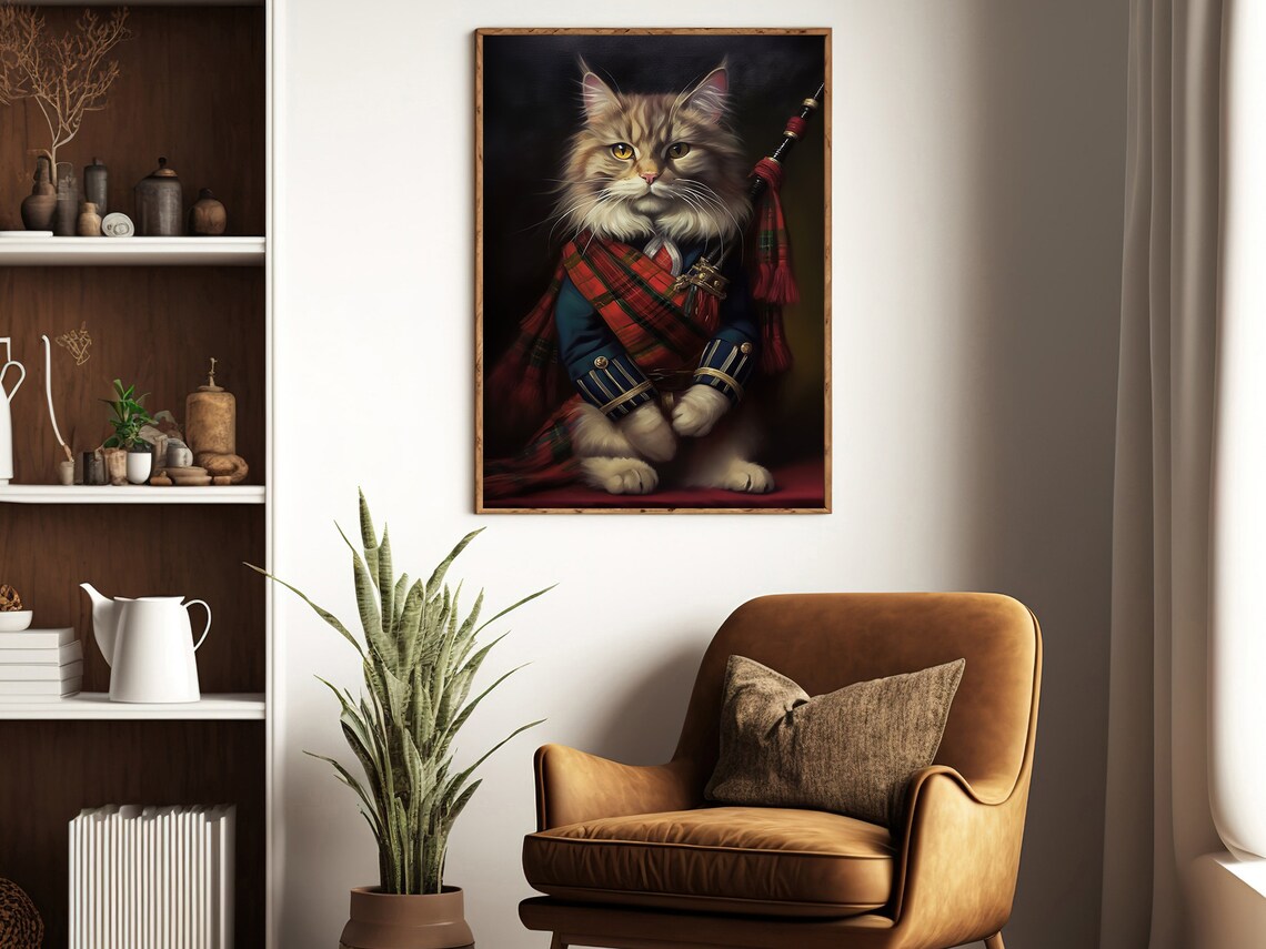 Scottish Piper Cat Tartan Sash Bagpipes Royal Portrait Poster - Image 2