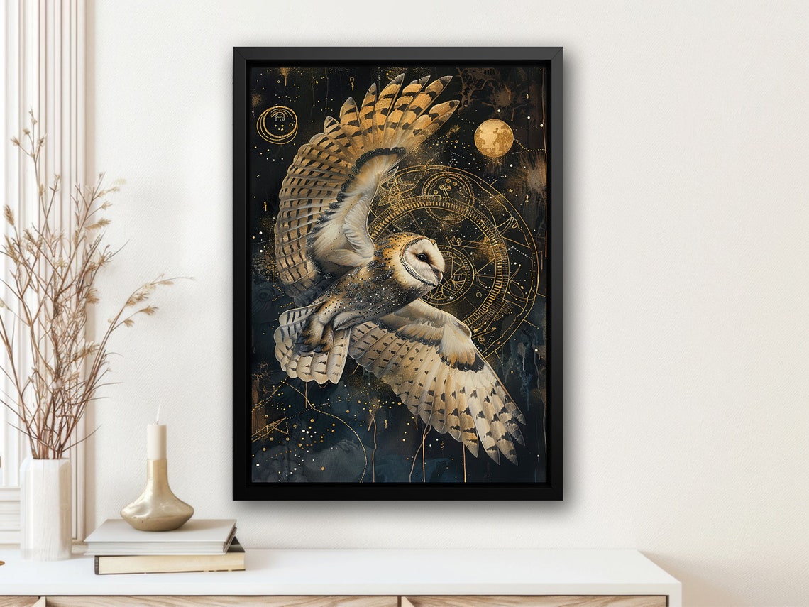 Barn Owl In Flight With Gold Constellations Dark Celestial Night Print - Image 4