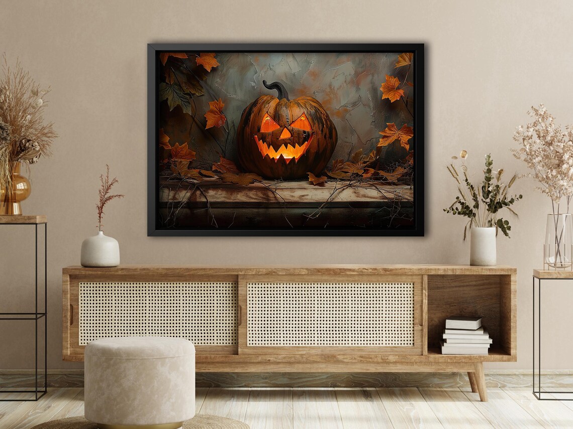 Carved Jack O Lantern with Twisted Grin Autumn Leaves Rustic Wood Poster - Image 4