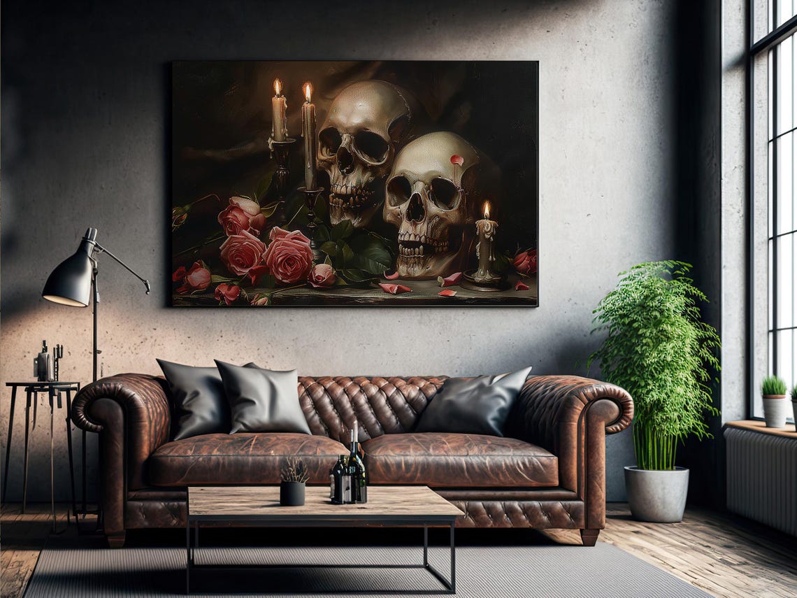 Two Skulls with Red Roses and Candles Dark Academia Still Life Poster - Image 2