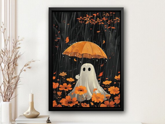 Cute Ghost Holding Orange Umbrella In Rainy Flower Field Art Print