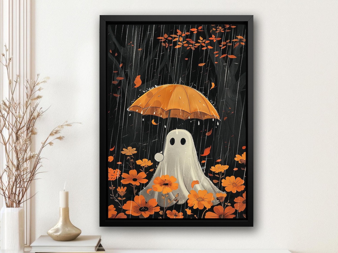 Cute Ghost Holding Orange Umbrella In Rainy Flower Field Art Print