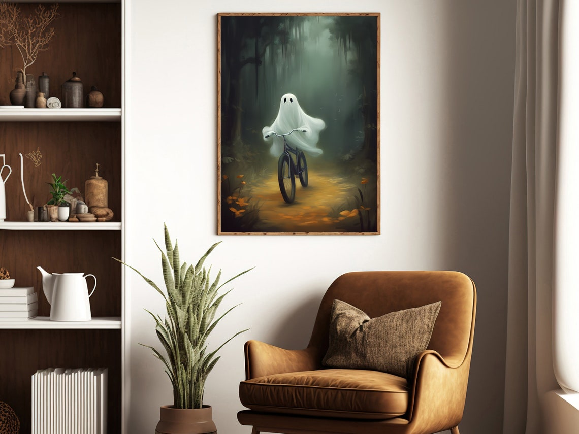 Vintage Ghost Riding Bicycle Through Misty Dark Forest Art Poster - Image 4