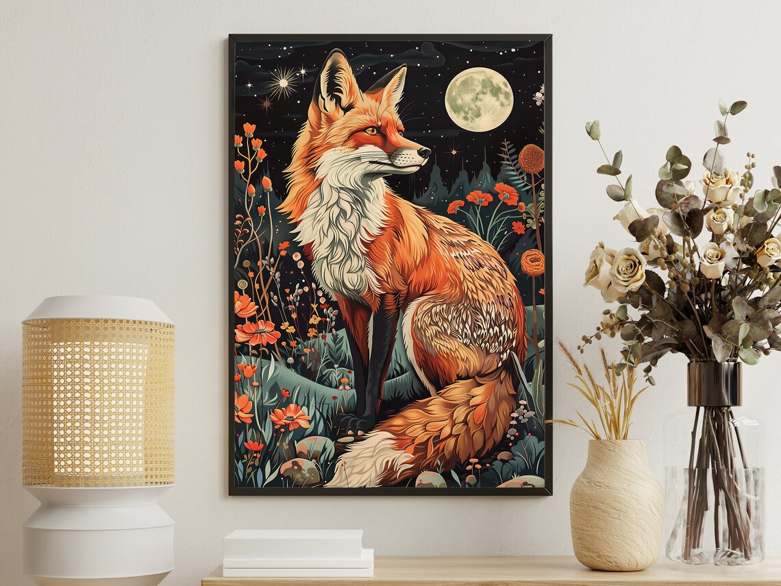 Vintage Fox and Flowers Art Print, Rustic Dark Academia