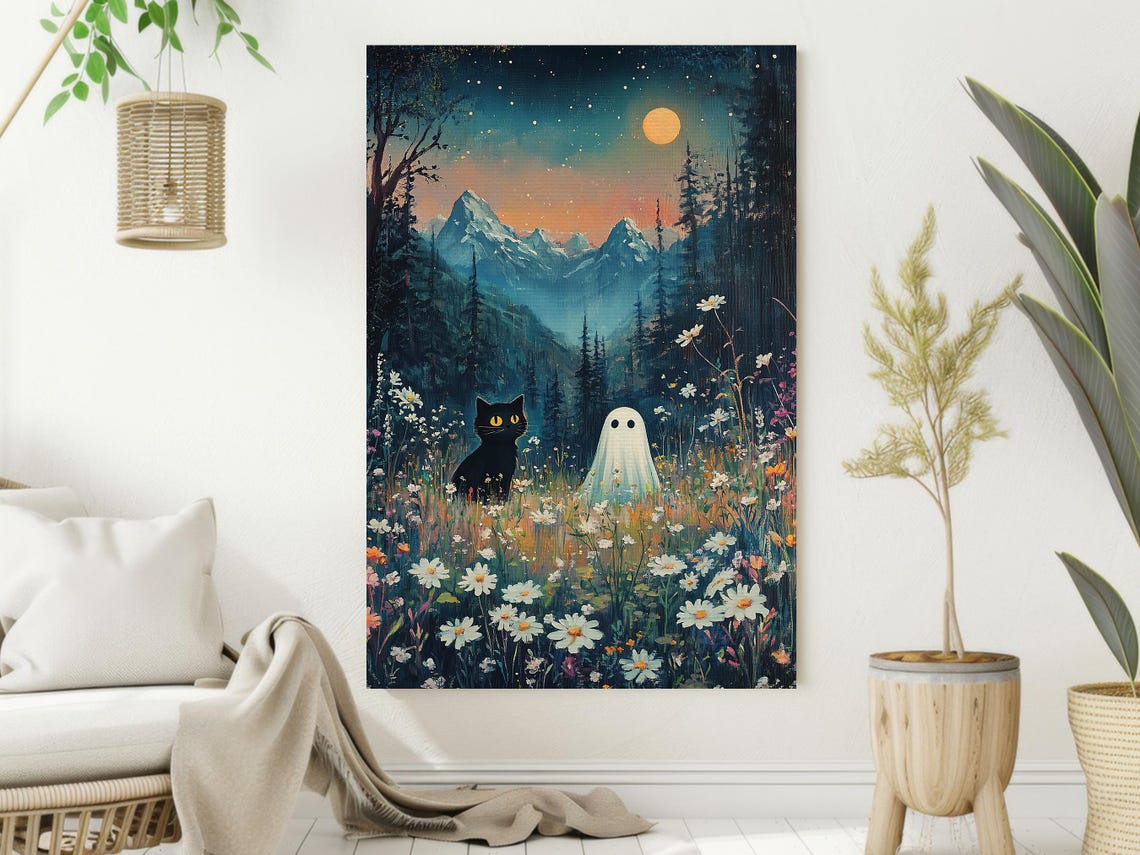 Black Cat And Ghost In Moonlit Wildflower Meadow Night Art Print - Image 2