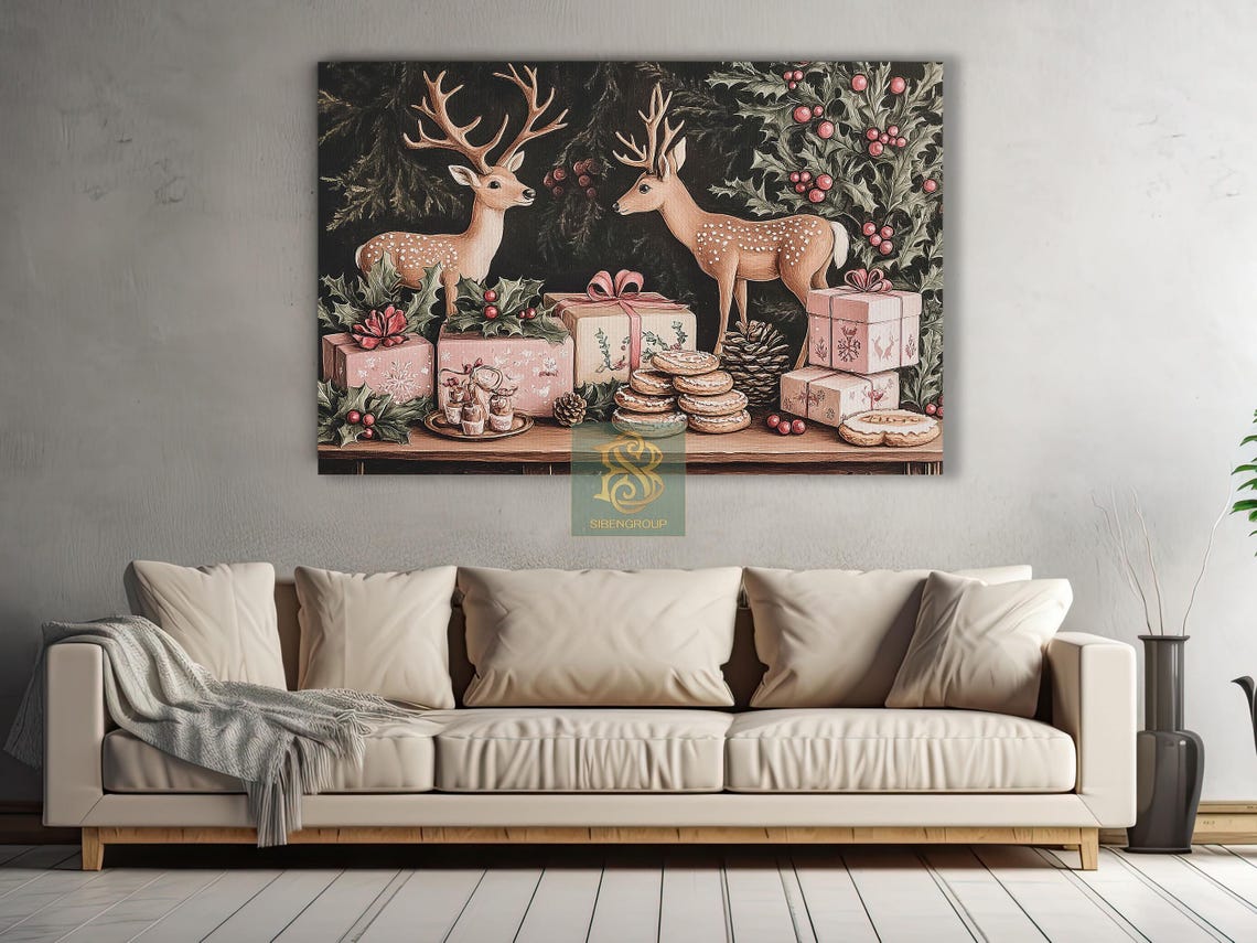 Two Spotted Deer With Christmas Gifts Cookies and Pinecones Poster - Image 2