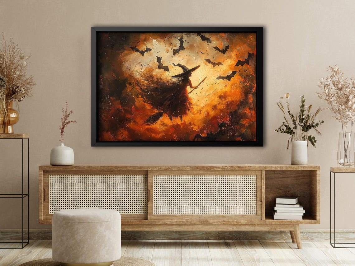 Witch On Broom Flying Through Fiery Orange Storm Sky Art Print - Image 4