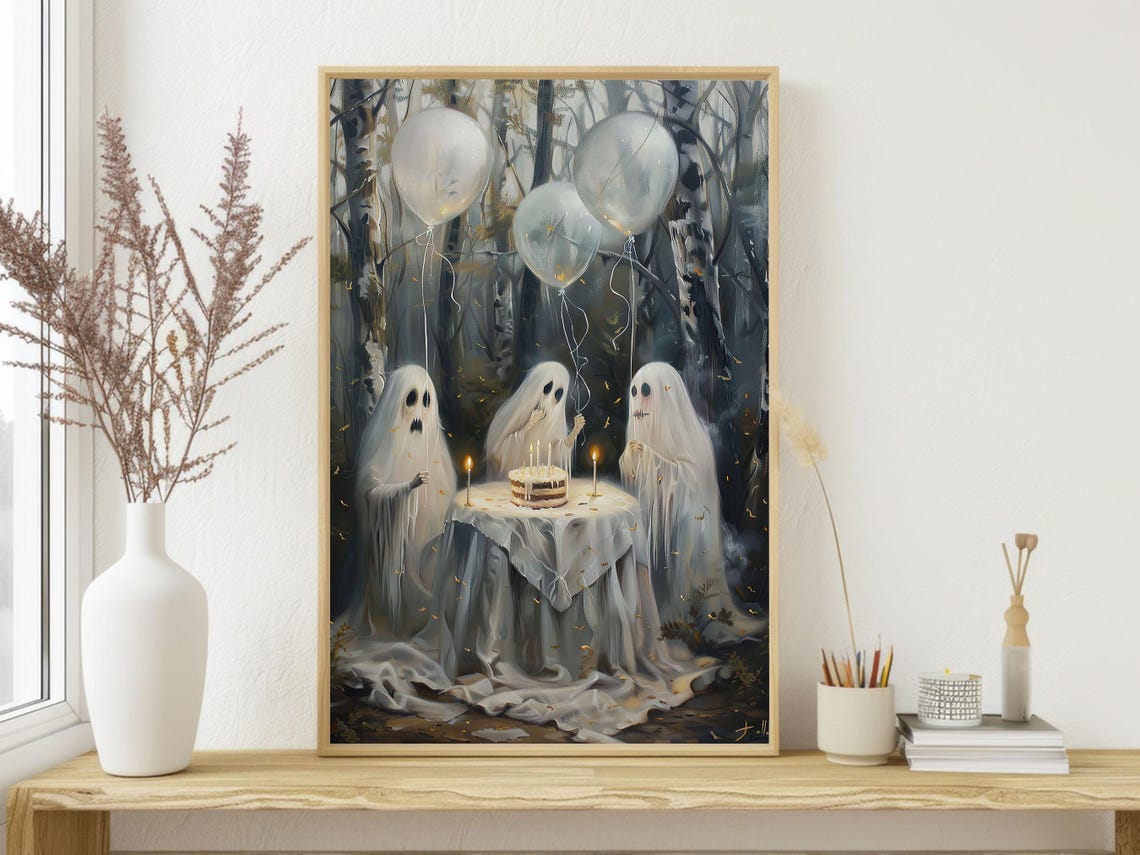 Three Ghosts Birthday Party in Birch Forest Cake Balloons Art Poster - Image 4