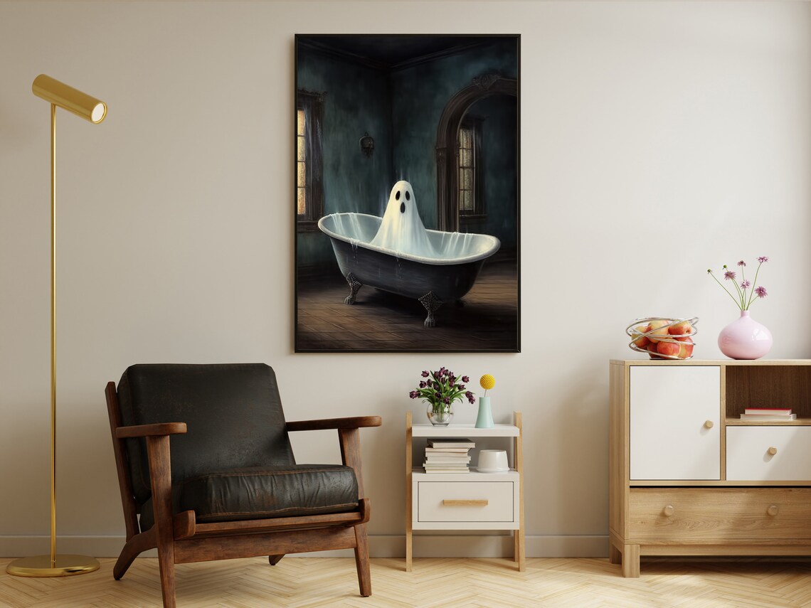 Cute Ghost Taking Bath In Clawfoot Tub Vintage Spooky Gothic Bathroom Wall Art - Image 3