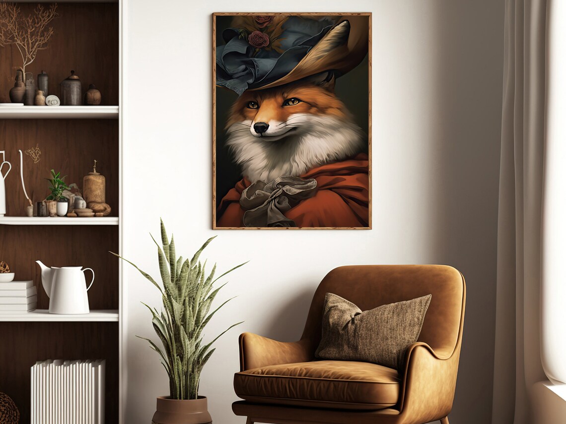 Regal Fox Lady In Victorian Hat Roses Portrait Dark Academia Animal Poster - Image 2