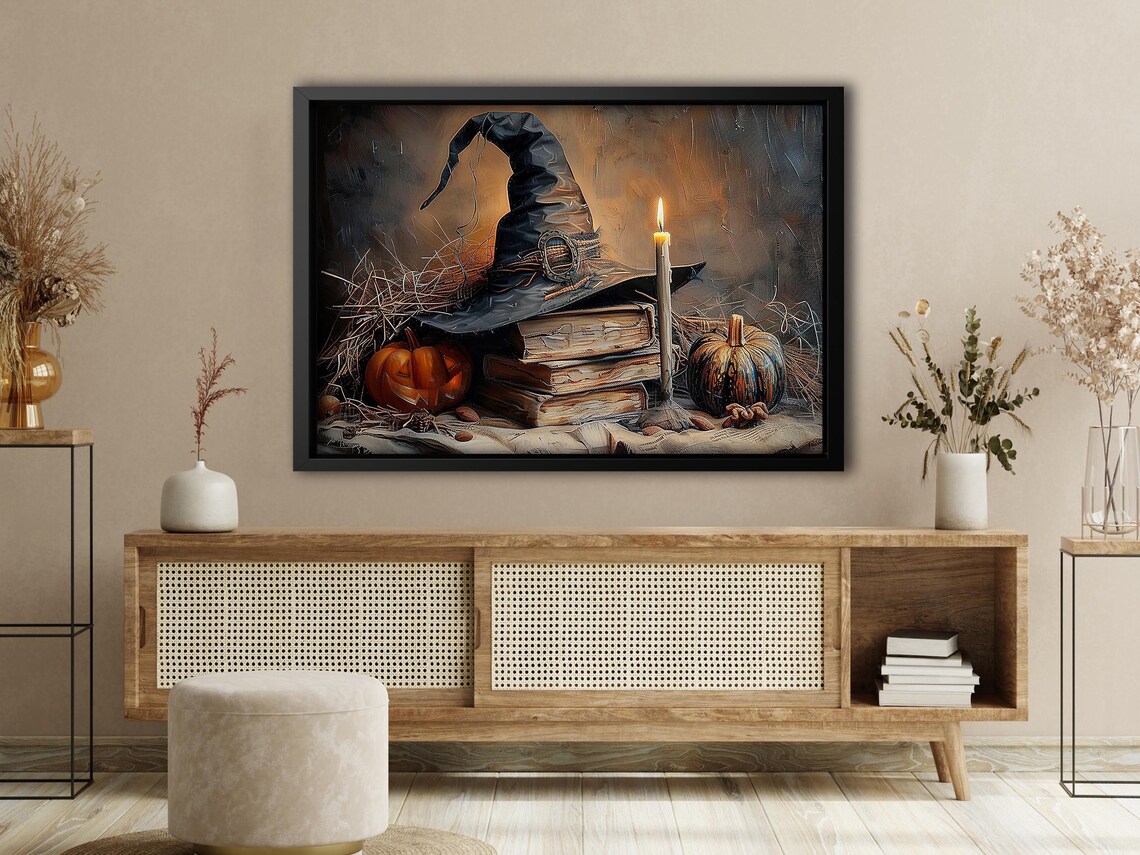 Vintage Witch Hat Spell Books Pumpkins Candlelit Halloween Still Life Poster - Image 4