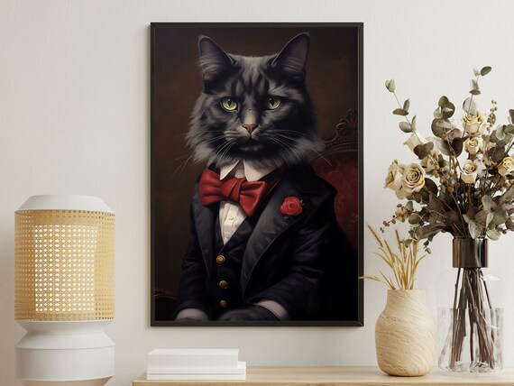 Black Cat Tuxedo Red Bow Tie Regal Portrait Animal Art Poster