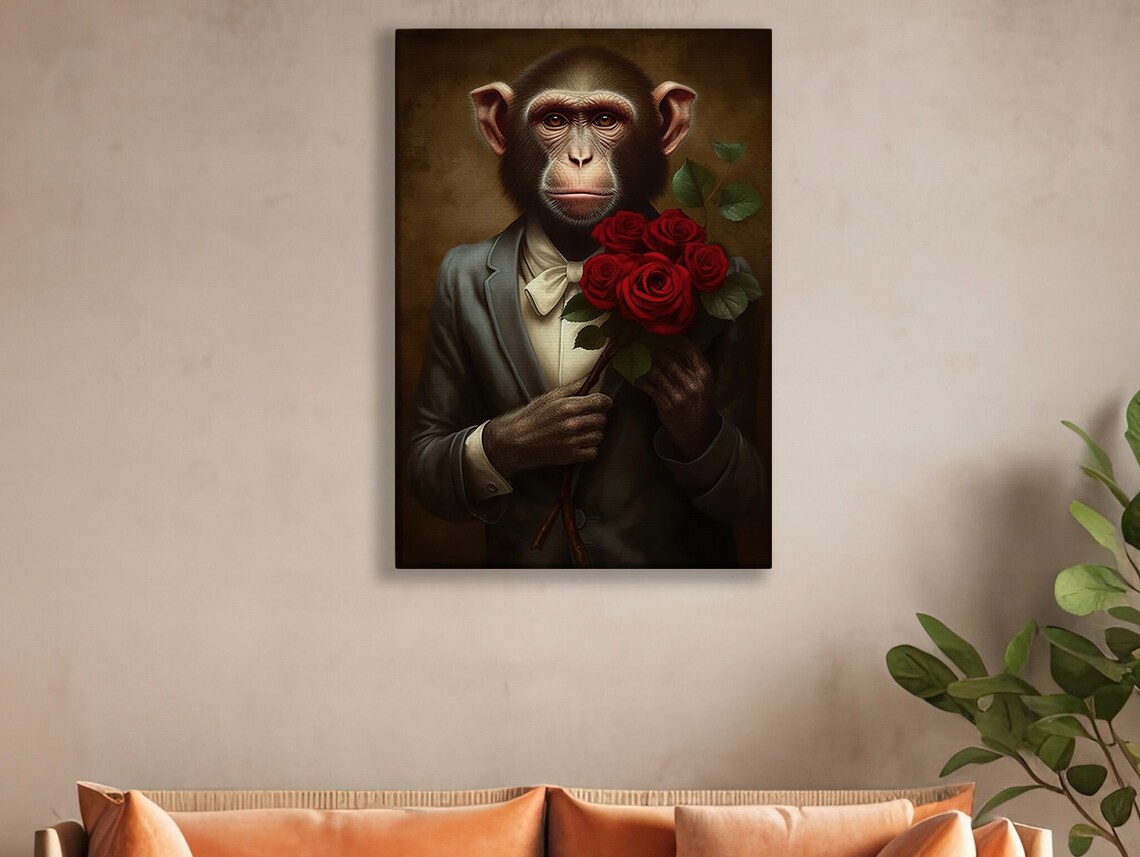Chimpanzee In Suit And Bow Tie Holding Red Roses Vintage Animal Art Print - Image 2