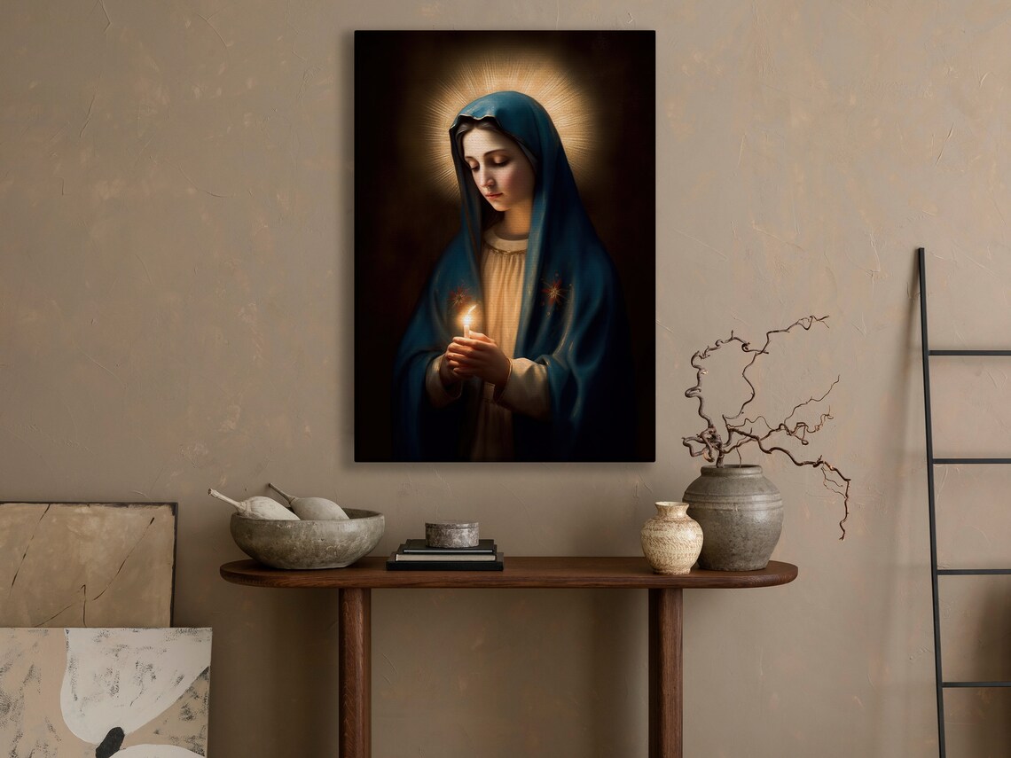 Virgin Mary Holding Candle with Halo Sacred Blue Veil Religious Art Poster - Image 4