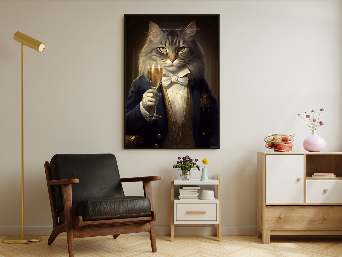 Victorian Cat Tuxedo Champagne Toast Funny Animal Portrait Wall Art Poster - Image 2