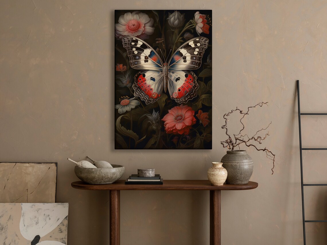 Moody Red Black And White Butterfly Among Vintage Florals Print - Image 4
