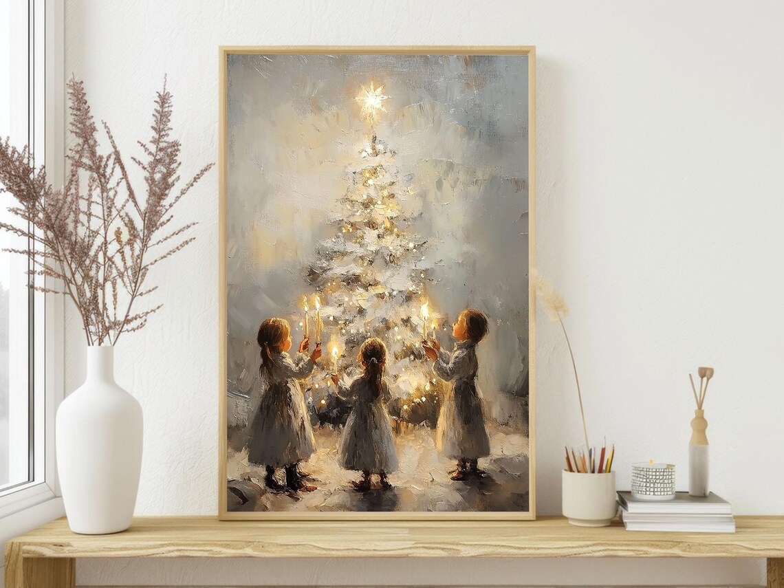 Christmas Night Cottage Tree Art Print, Cozy Decor - Image 3