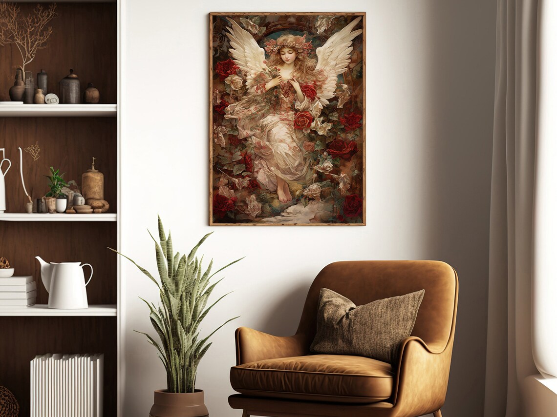 Baroque Angel with Roses Flower Crown Romantic Floral Art Poster - Image 2