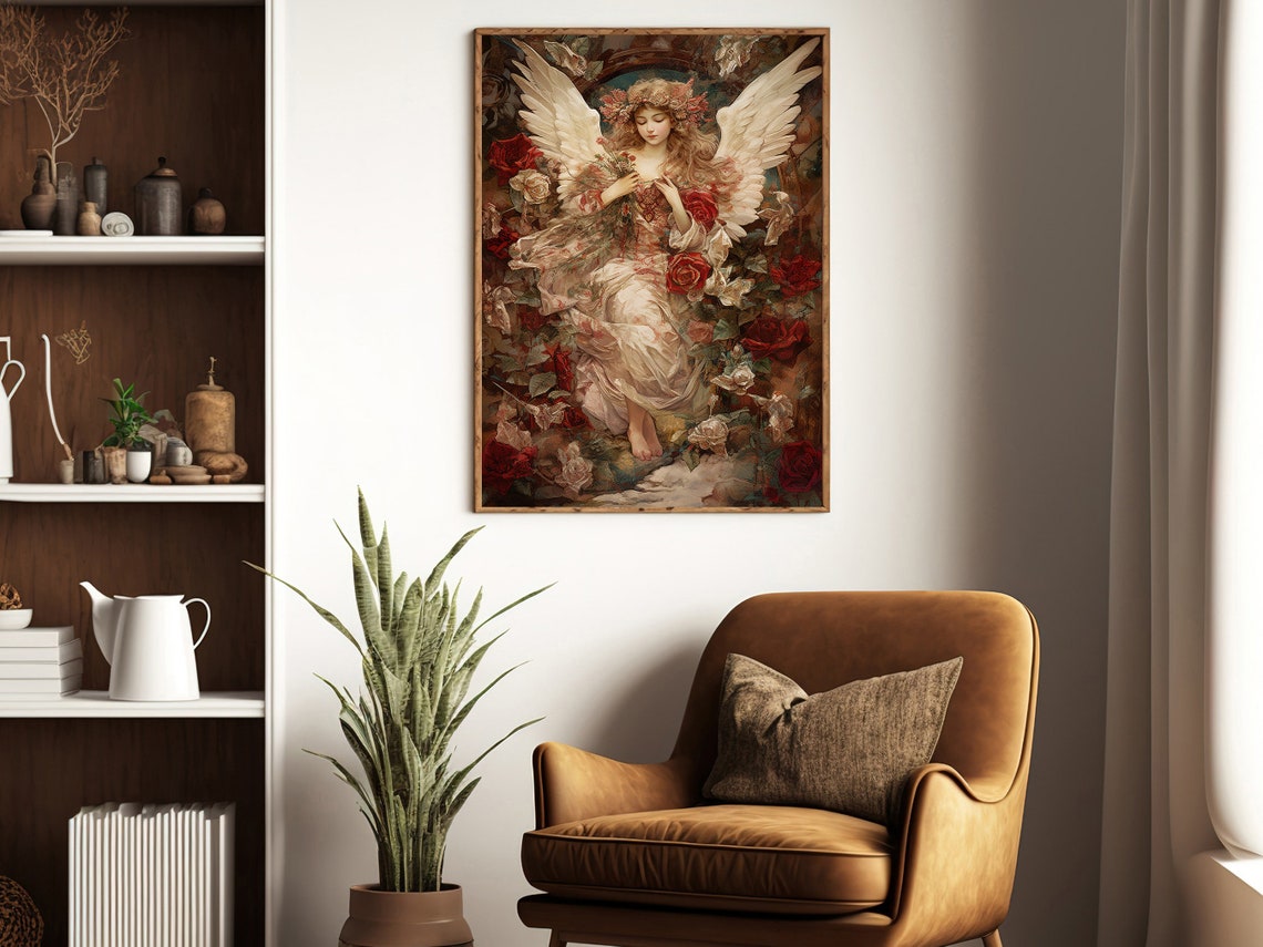Vintage Floral Angel Painting Angel Art Print Angel Print Angel Poster Print Angel Wall Decor Angels Wall Hanging - Image 2
