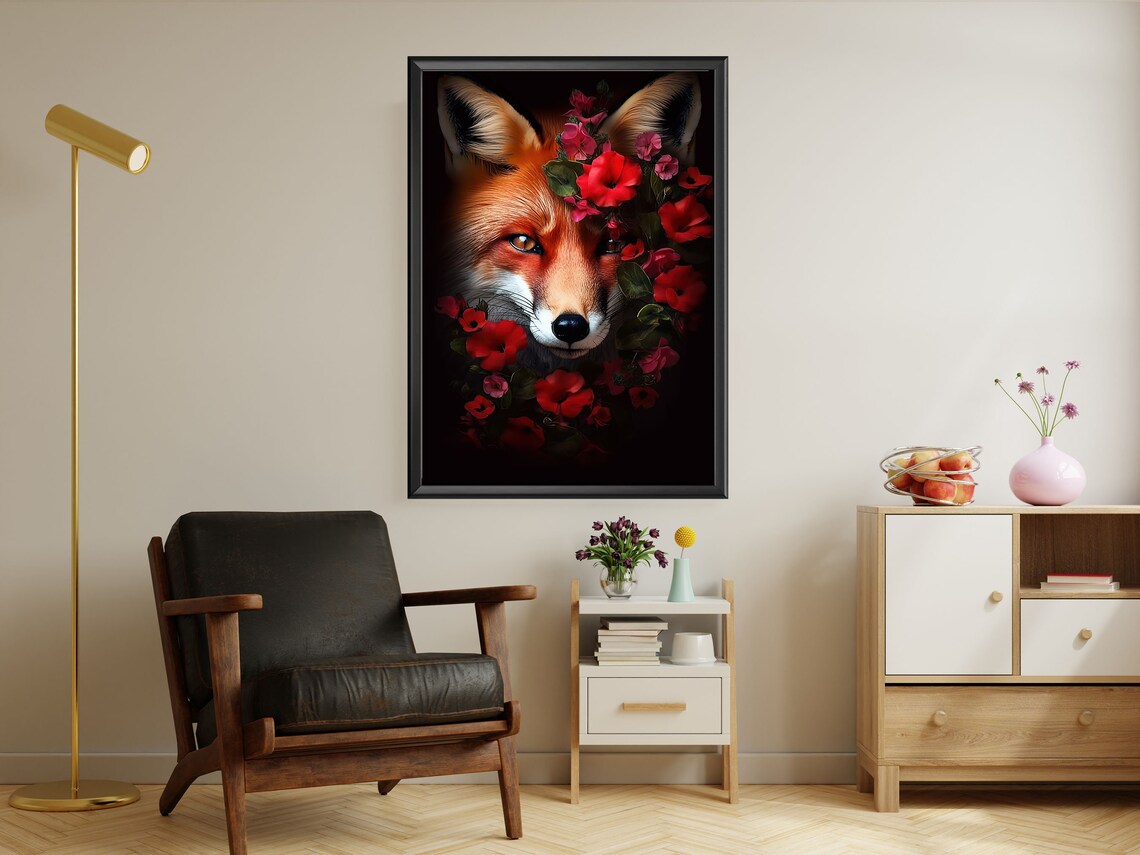 Red Fox Portrait Among Scarlet Flowers Dark Moody Wildlife Animal Poster - Image 2
