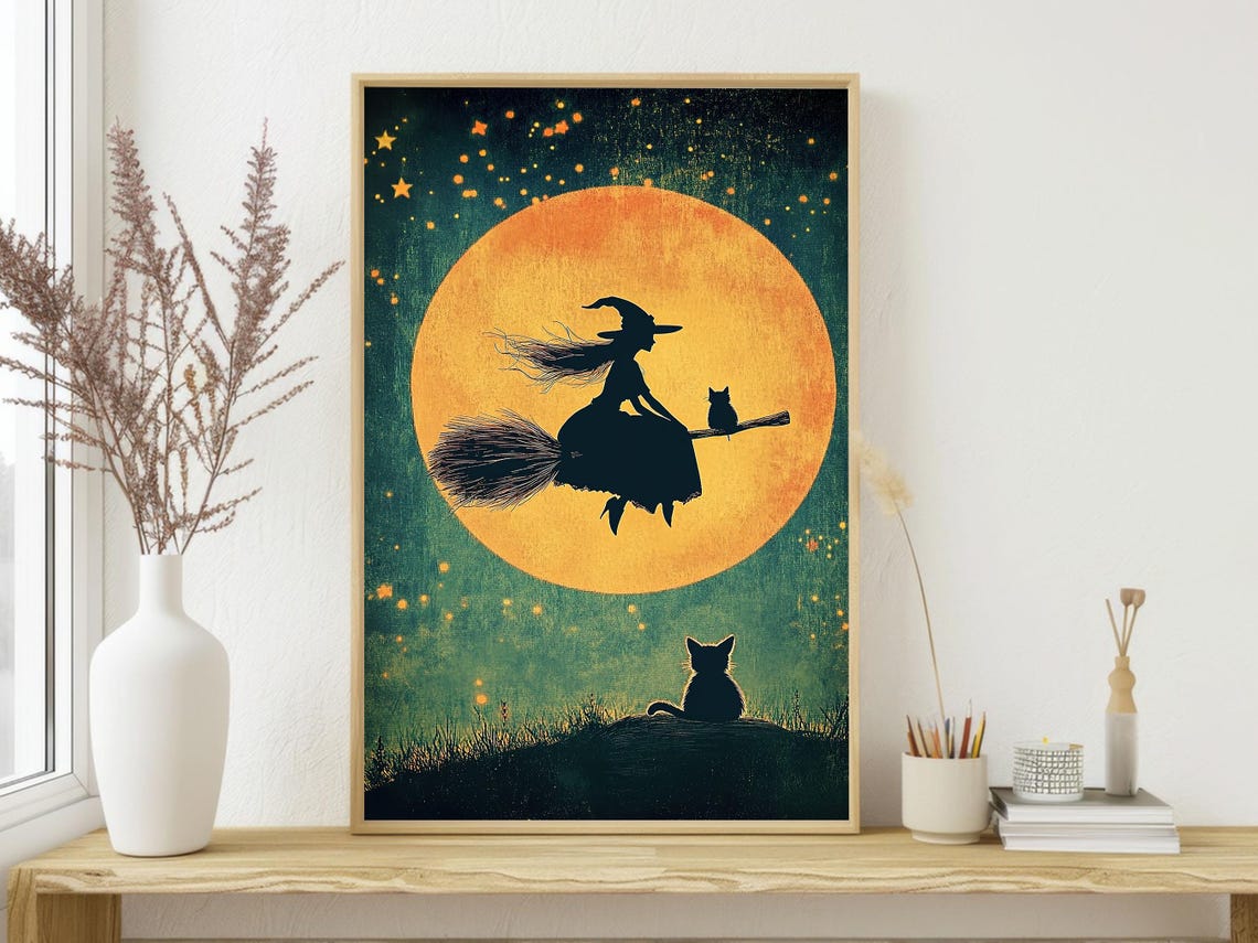 Witch Silhouette Flying Across Glowing Harvest Moon Night Art Print - Image 4