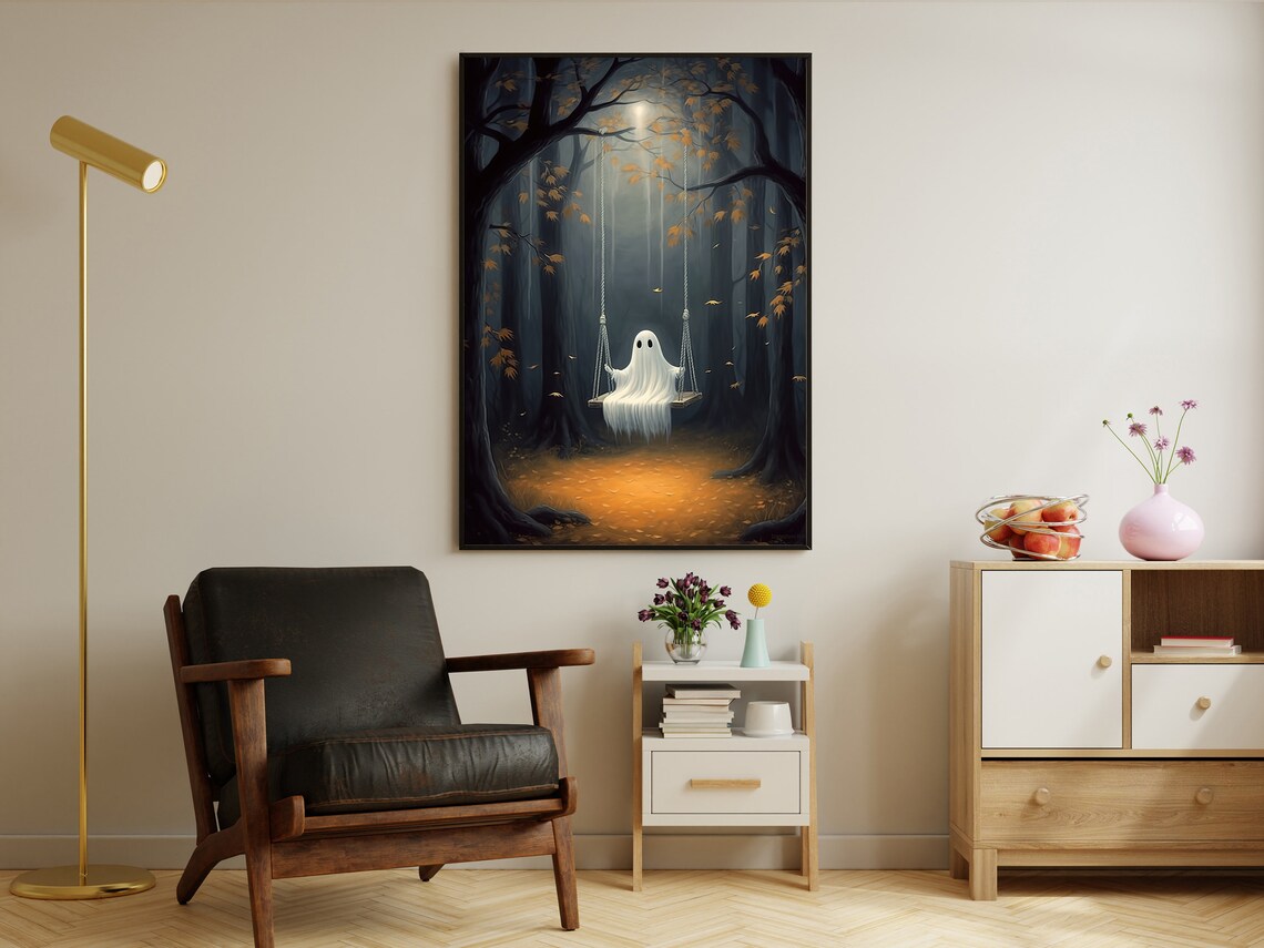 Cute Ghost On Swing Misty Autumn Forest Moonlit Halloween Painting Poster - Image 4