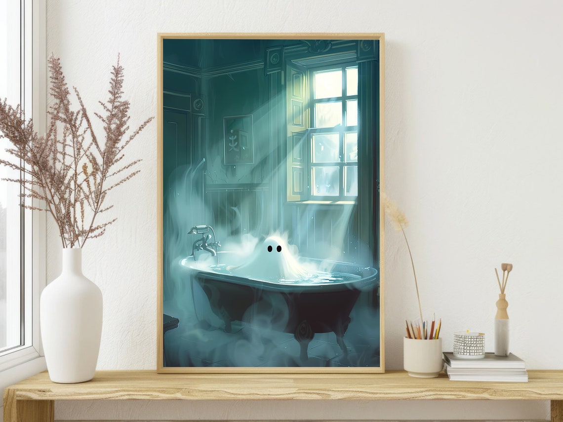 Dreamy Ghost in Steaming Teal Bathtub Sunlit Bathroom Halloween Poster - Image 3