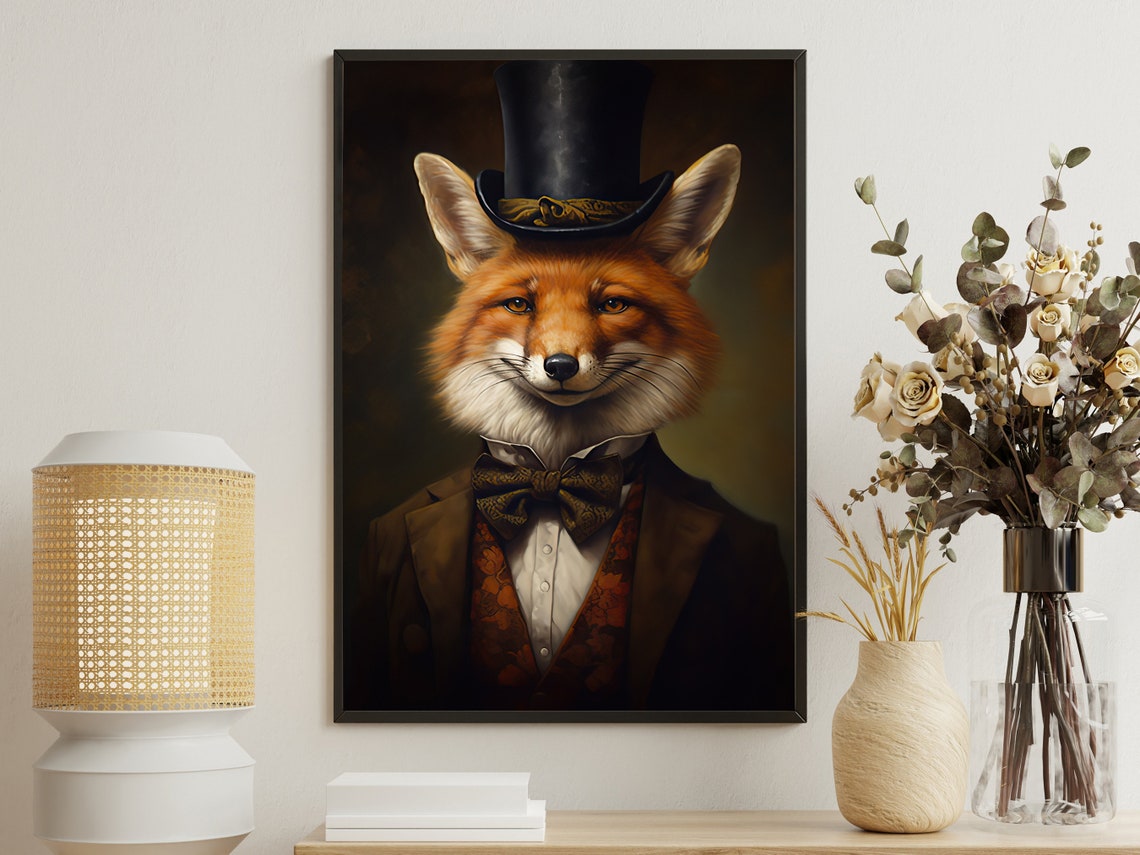 Victorian Fox Gentleman In Top Hat And Bow Tie Portrait Print