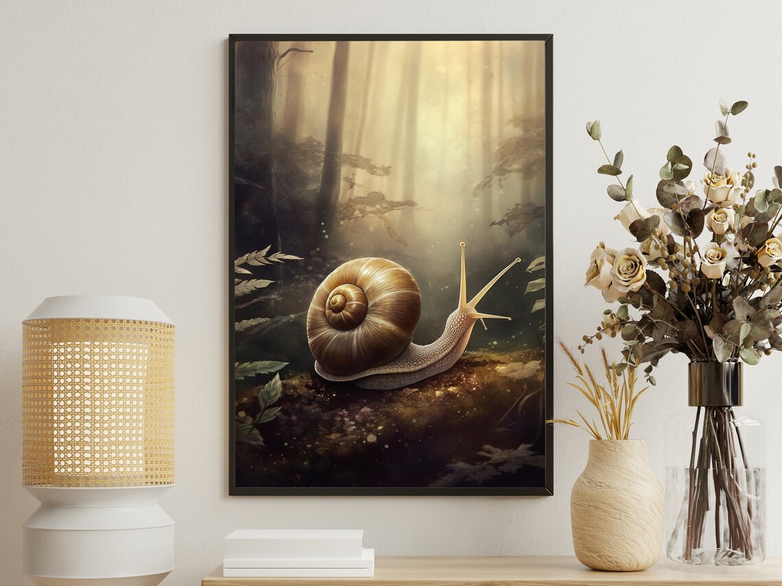 Snail In Misty Golden Forest Light Vintage Woodland Animal Art Print