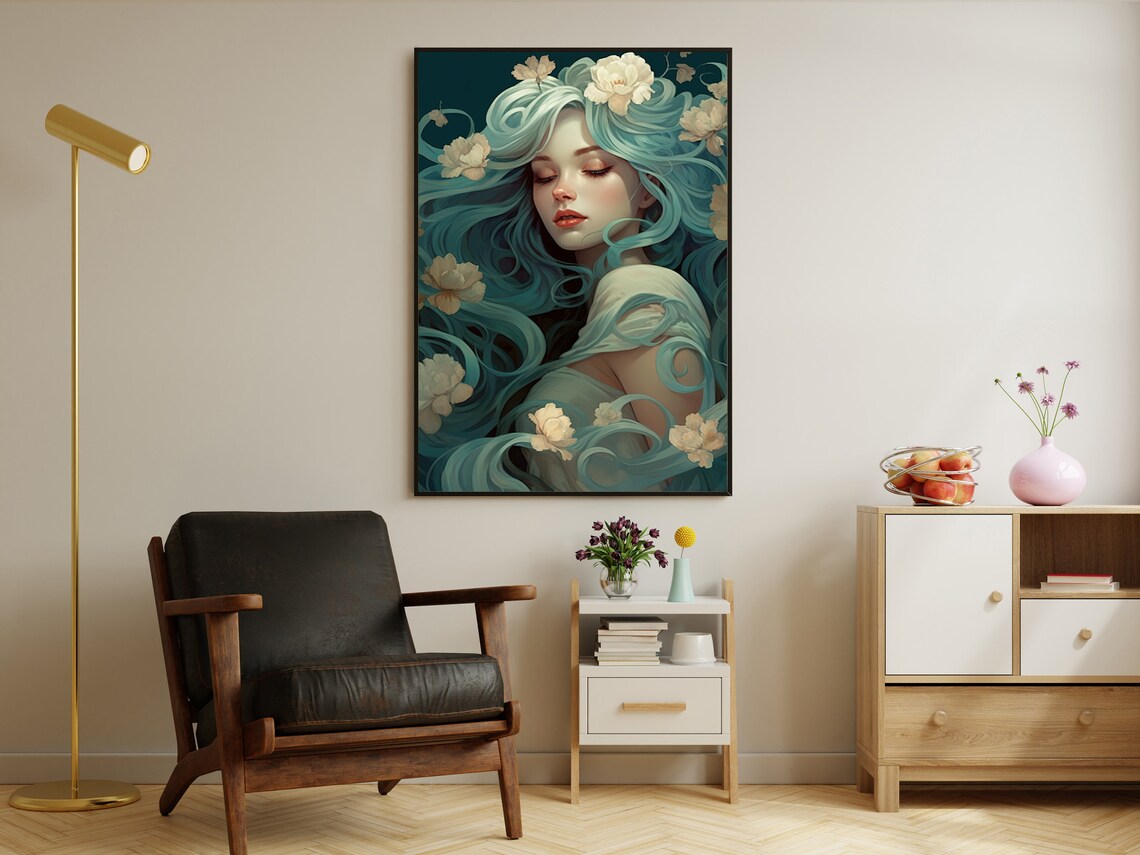 Ethereal Woman With Flowing Teal Hair And Cream Flowers Poster - Image 2