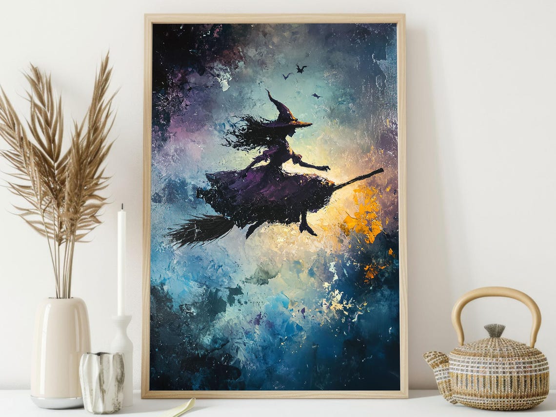 Witch On Broom Flying Through Swirling Painterly Midnight Sky Print - Image 4