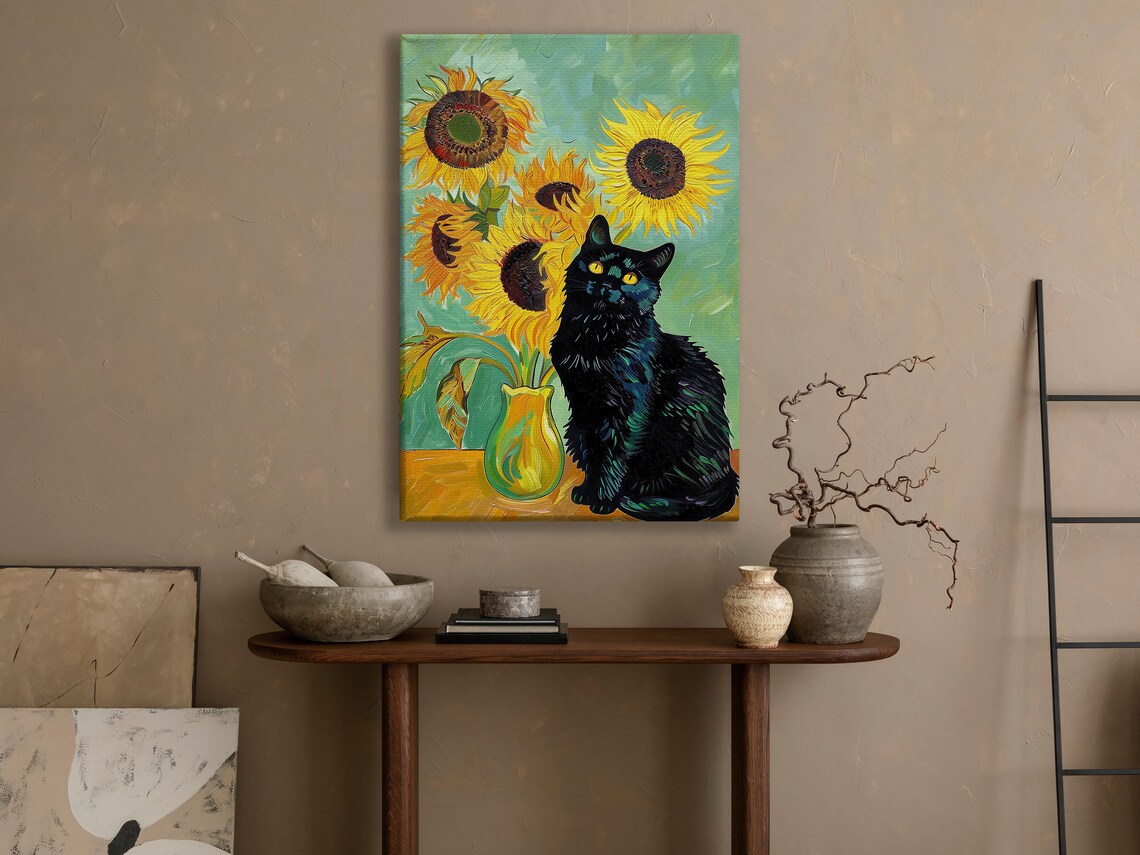 Black Cat With Sunflower Vase Van Gogh Style Bold Floral Cat Poster - Image 3