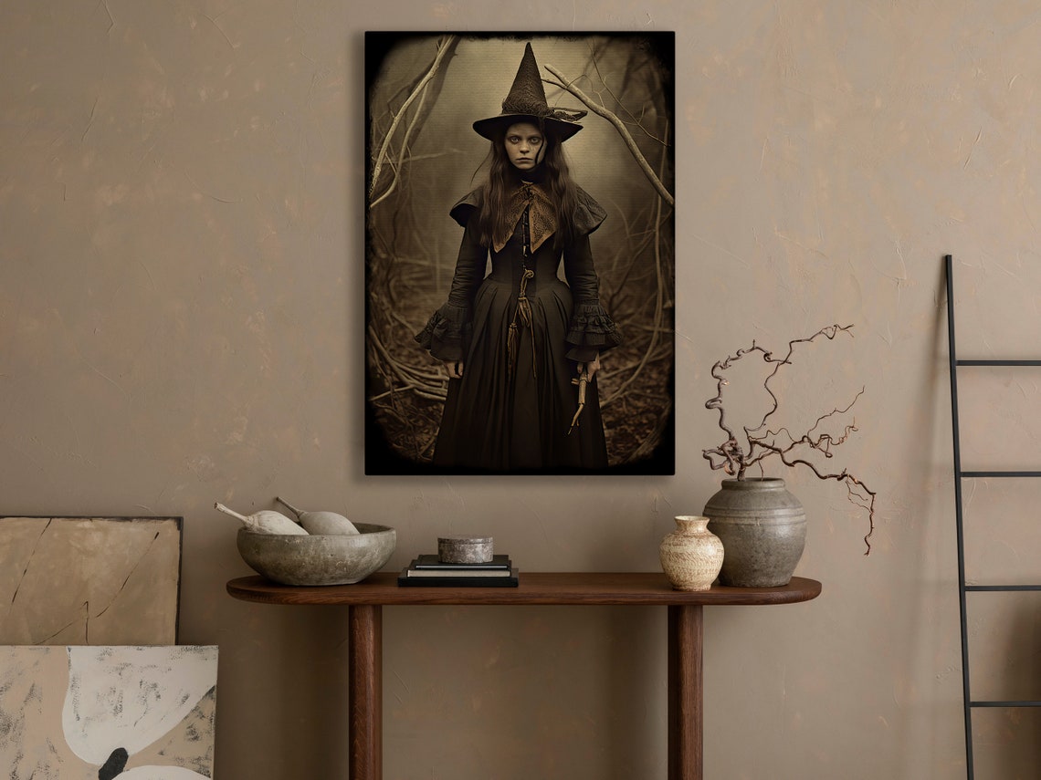 Young Witch Portrait In Dark Forest Vintage Style Spooky Art Print - Image 3