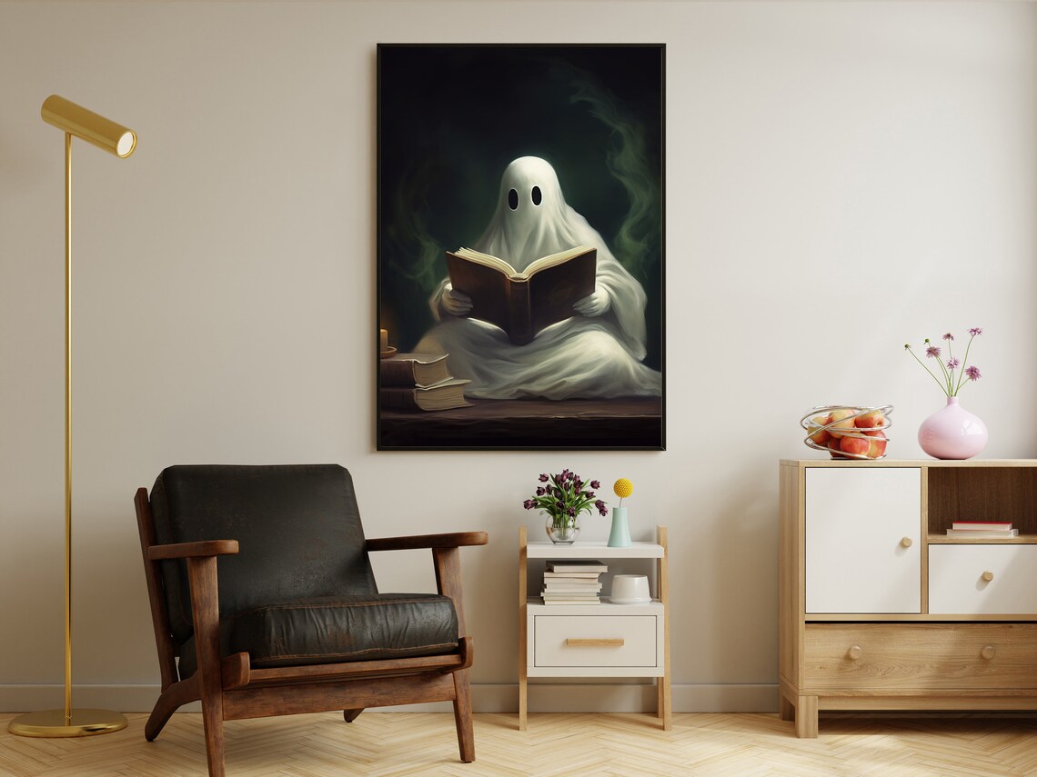 Cute Ghost Reading Old Book By Candlelight Vintage Spooky Halloween Night Print - Image 2